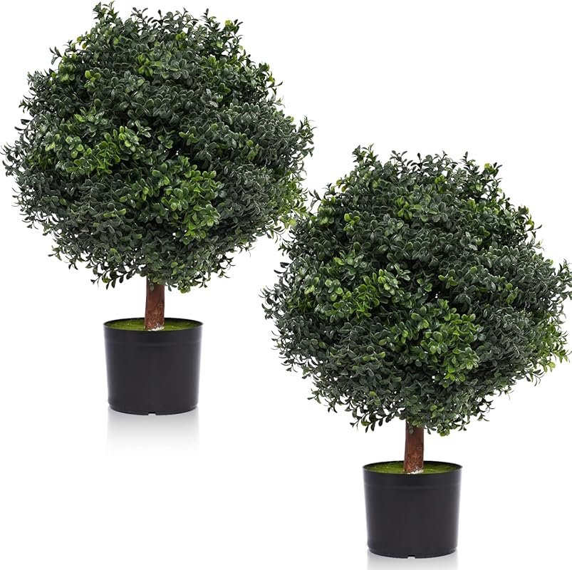 Two 2-Foot Outdoor Artificial Boxwood Ball Topiary Bushes Potted Plant