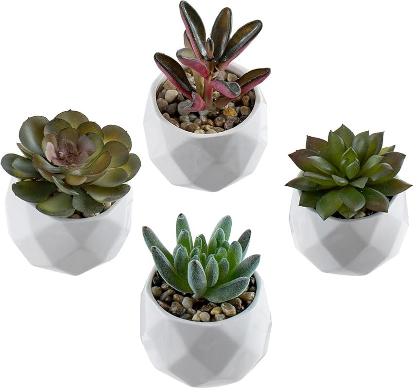 Miniature Faux Succulents in White Geometric Ceramic Pots – Set of 4 F