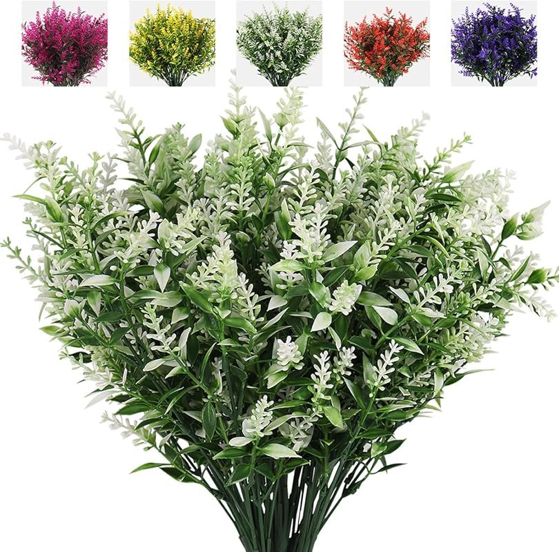 8 Bundles White Lavender Artificial Plants – UV Resistant Fake Greener