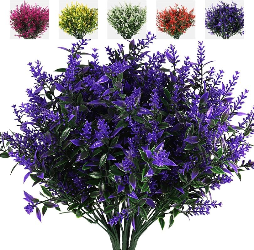 8 Bundles UV-Resistant Fake Lavender Shrubs – Artificial Greenery for 
