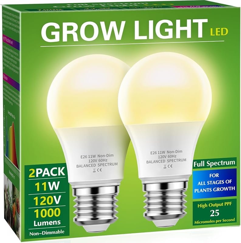 Full Spectrum LED Grow Light Bulbs, 11W 100W Equivalent, E26 Base, 2-Pack for Seed Starting