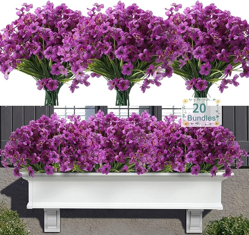 20 Purple UV Resistant Fake Flowers for Outdoor Porch and Window Box D