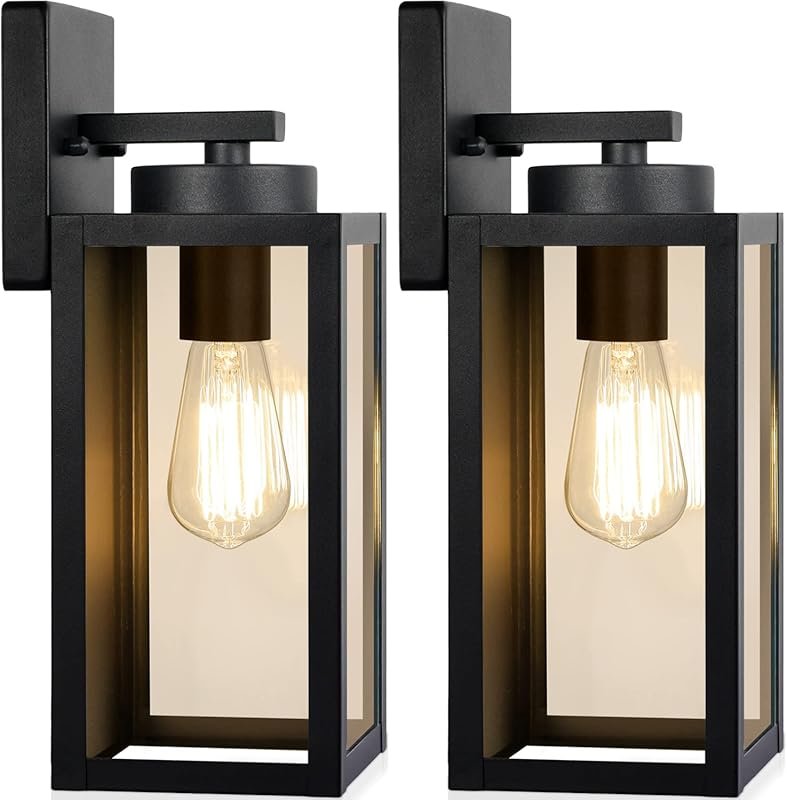 Modern Matte Black Outdoor Wall Lanterns with Glass Shades, 2-Pack