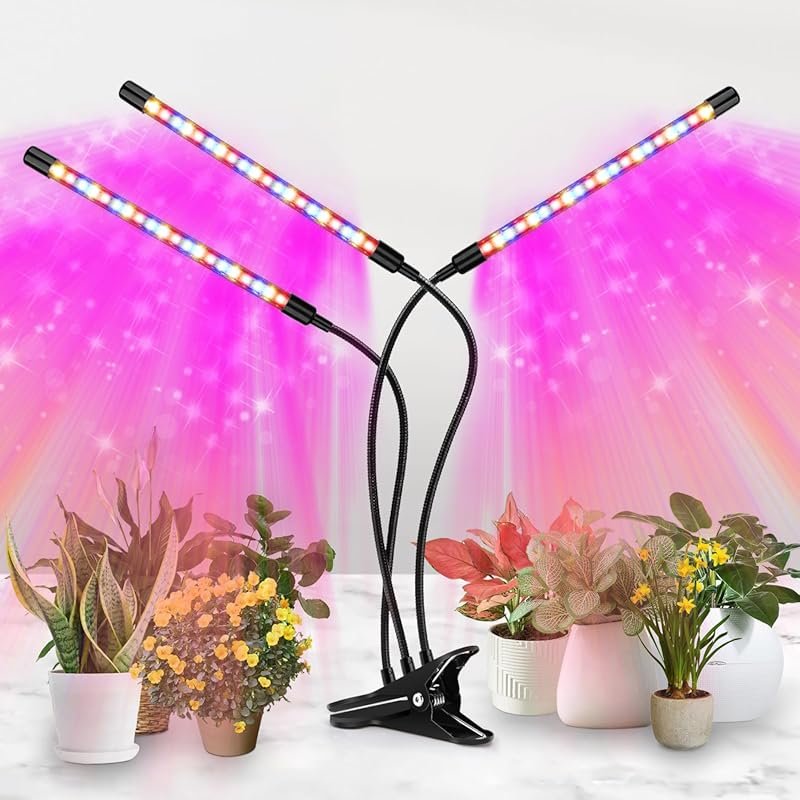 3-Head Full Spectrum LED Grow Light with Clamp, 10-Level Dimming & Aut
