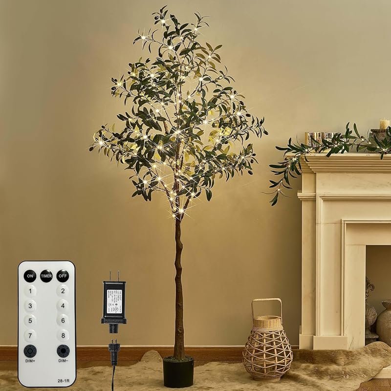 6FT Lighted Artificial Olive Tree with 300 Fairy Lights, Timer, and Dimmer
