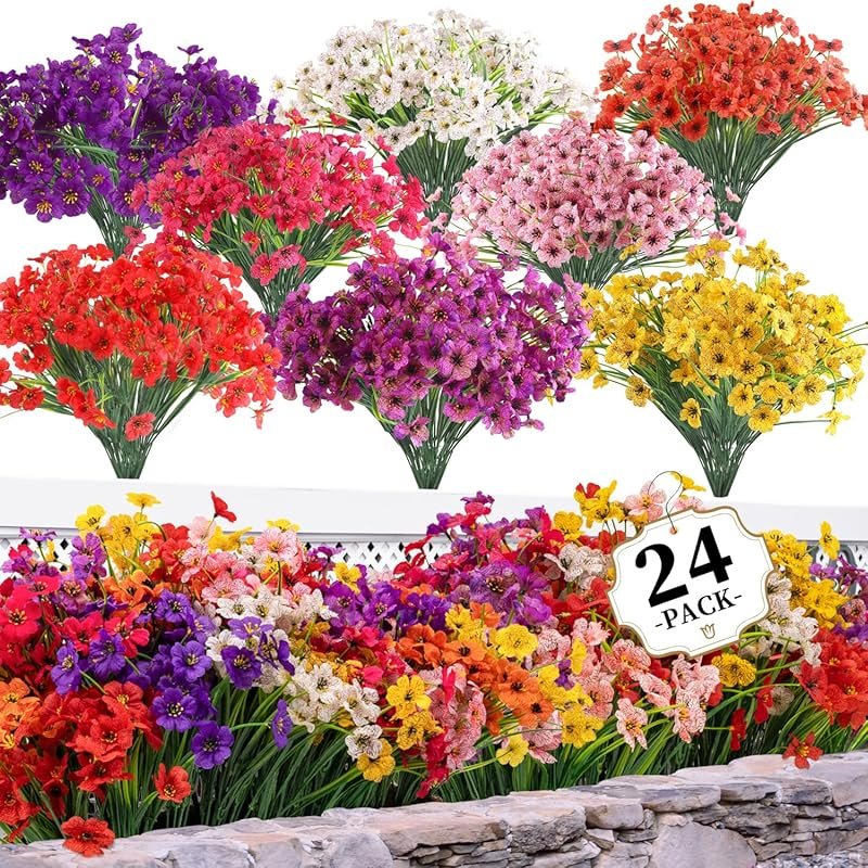 24 Bundles Fake Flowers for Indoors & Outdoors, 8 Colors for Garden, P
