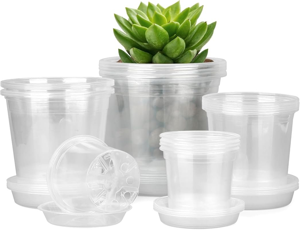 FUIJOL 20-Pack Clear Plastic Nursery Pots with Saucers and Drainage Ho