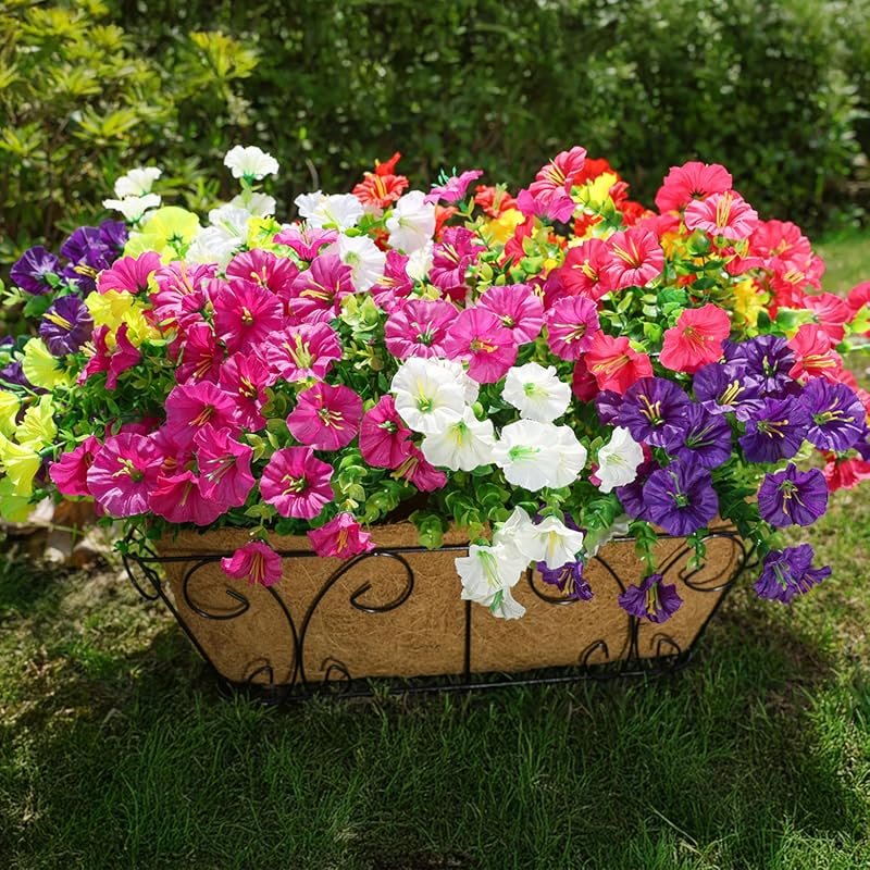 12 Bundles UV Resistant Colorful Morning Glory Fake Flowers with Eucal