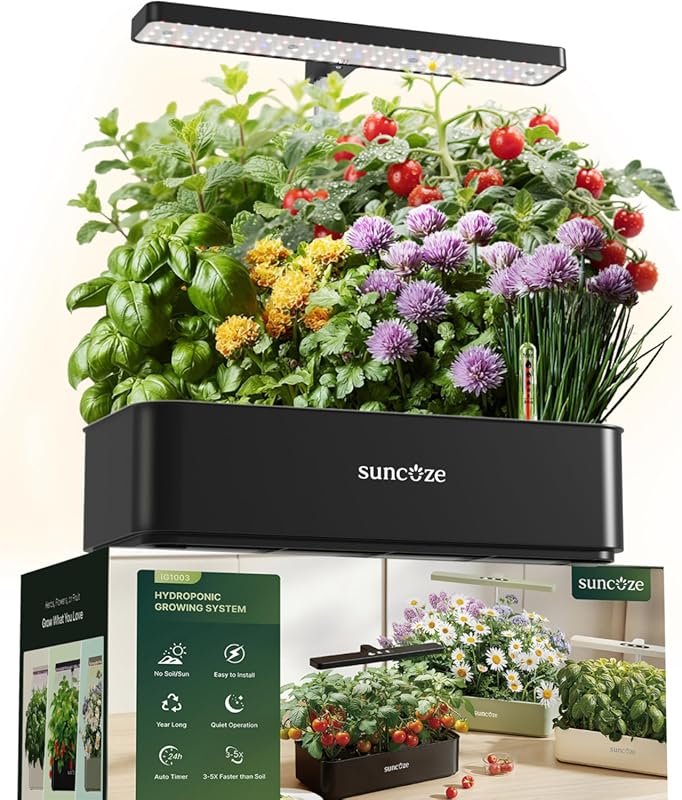 SUNCOZE 12-Pod Indoor Hydroponic Garden with 24W LED Light and 4L Quiet Pump Tank