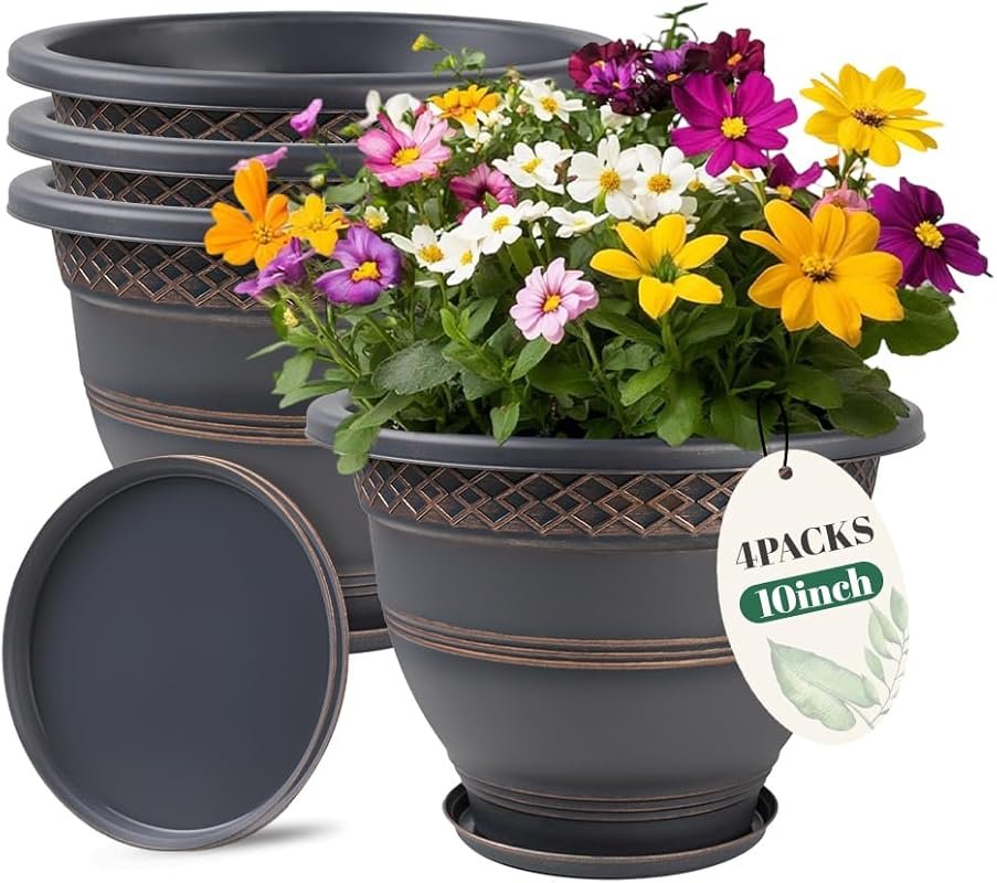 Usocik 10 Inch 4 Pack Plaid Plastic Plant Pots with Drainage & Saucer 
