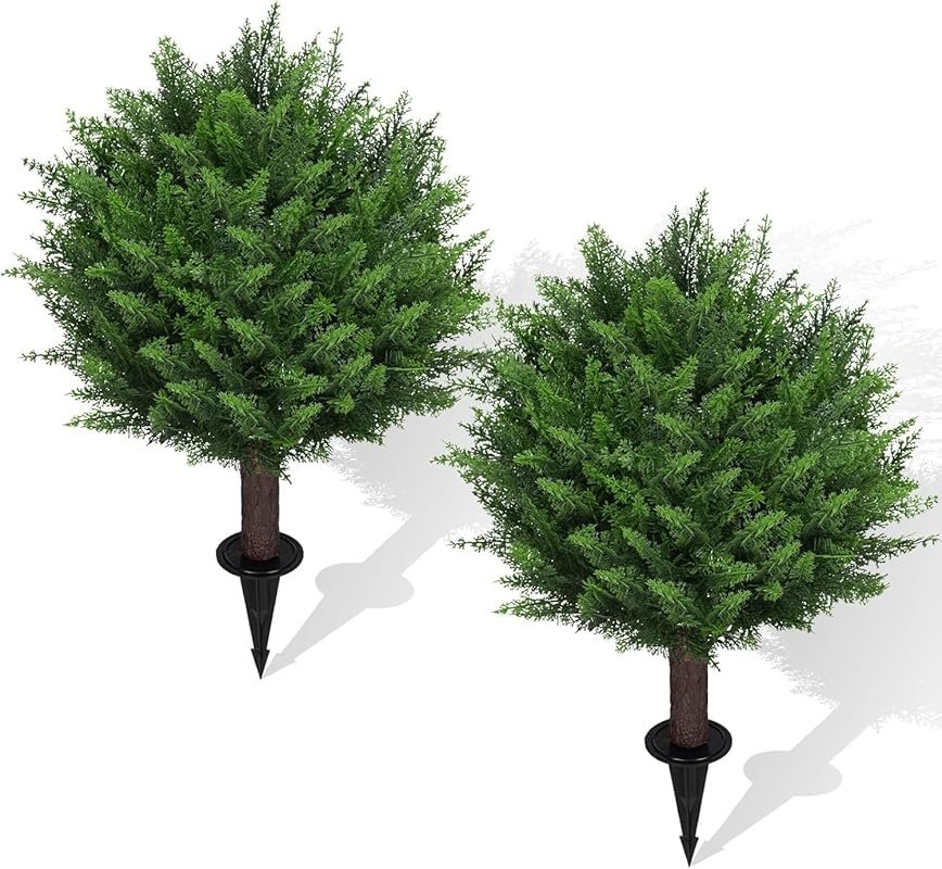Set of 2 Outdoor Artificial Cedar Topiary Ball Trees – UV Resistant Fa