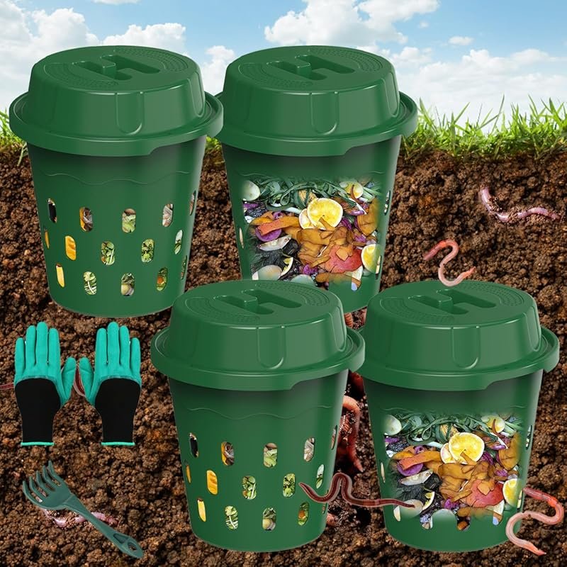 Warm Farm 4-Pack 8L Inground Worm Composter for Garden Beds & Home Ver