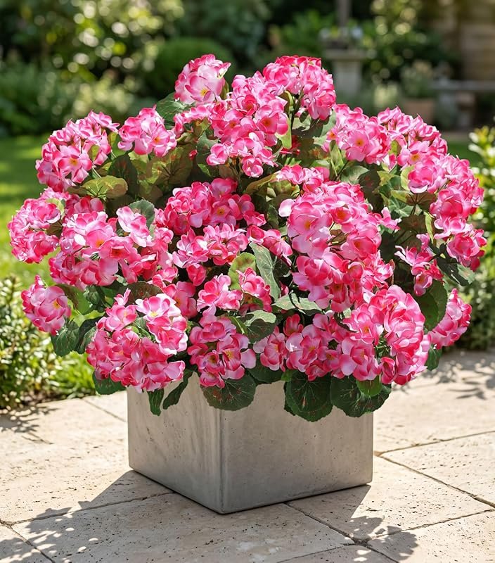 6 Bundles Pink Silk Geraniums UV Resistant Fake Flowers for Outdoor Planters