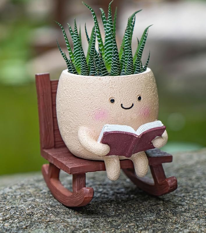 Smiley Face Rocking Chair Planter Pot with Drainage Hole for Indoor/Ou