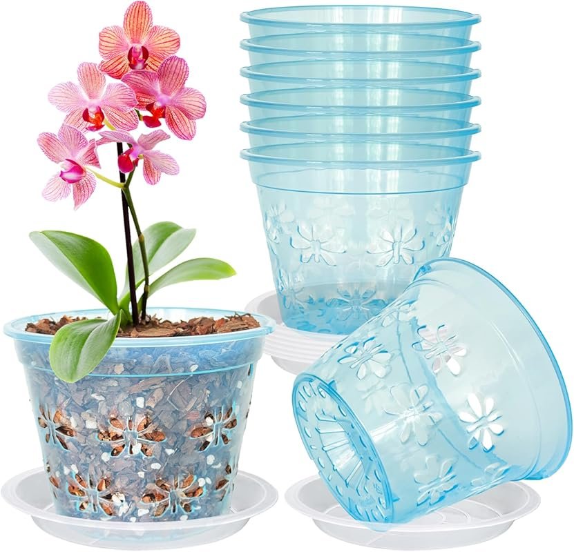 8 Pack Clear Plastic Orchid Pots with Holes and Saucers for Phalaenops