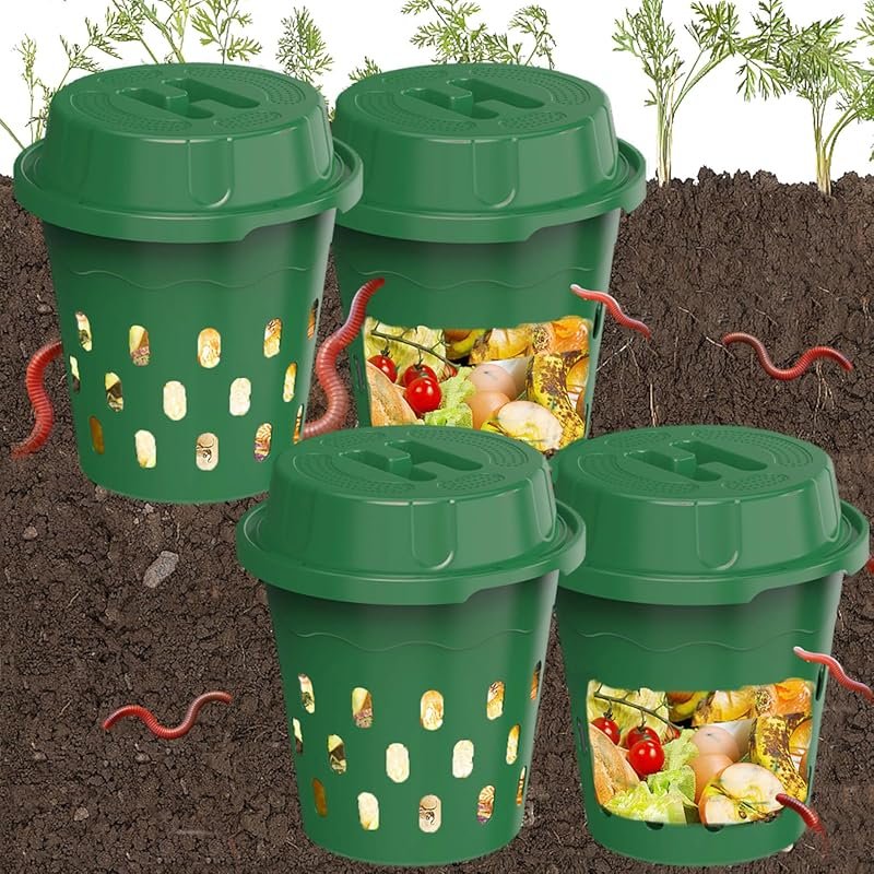 4-Pack 8L In-Ground Worm Composter with Aeration & Animal-Proof Lid for Faster Composting