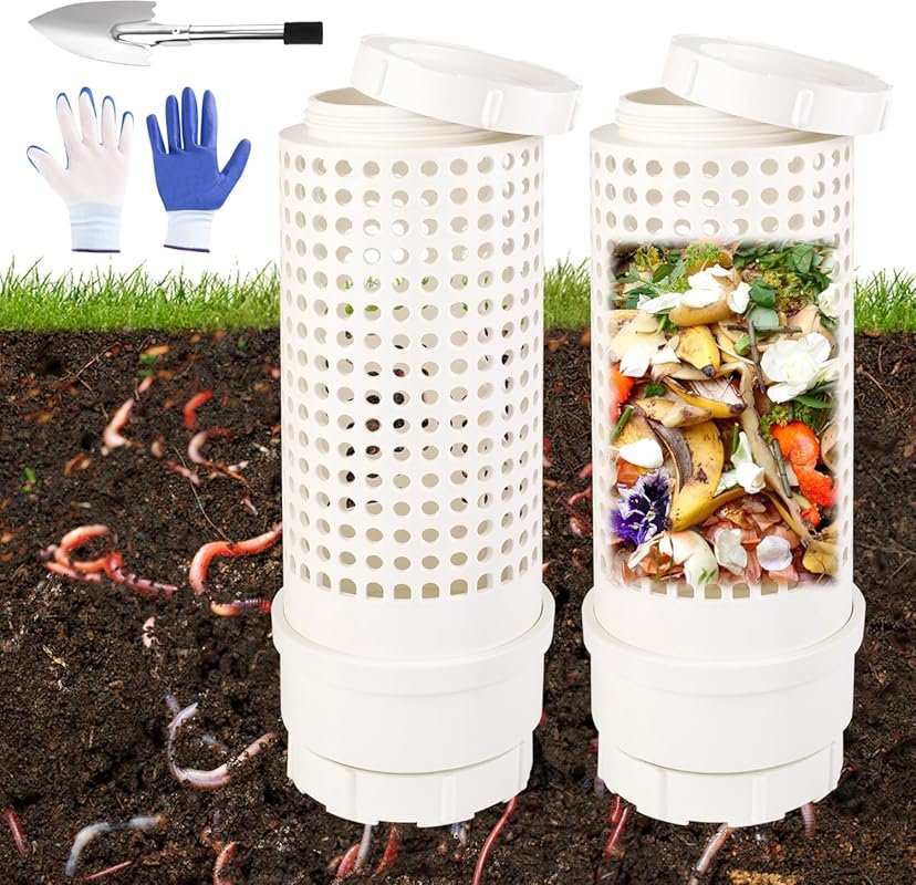 2 Packs Inground Worm Composter Kit with Lid, Shovel & Gloves for Gard