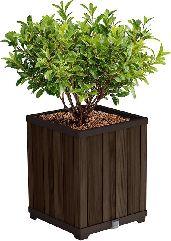Keter Signature 21.6-Inch Tall Square Wood Look Planter, Large Indoor