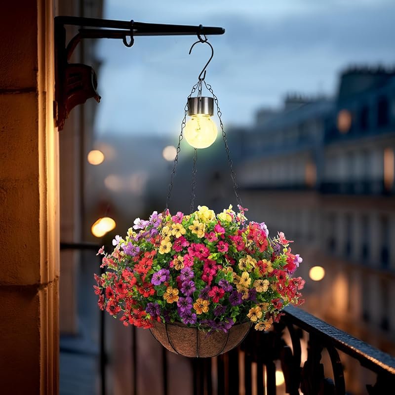 Solar Artificial Ferns Basket with 12 UV Resistant Silk Flowers for Porch Decor