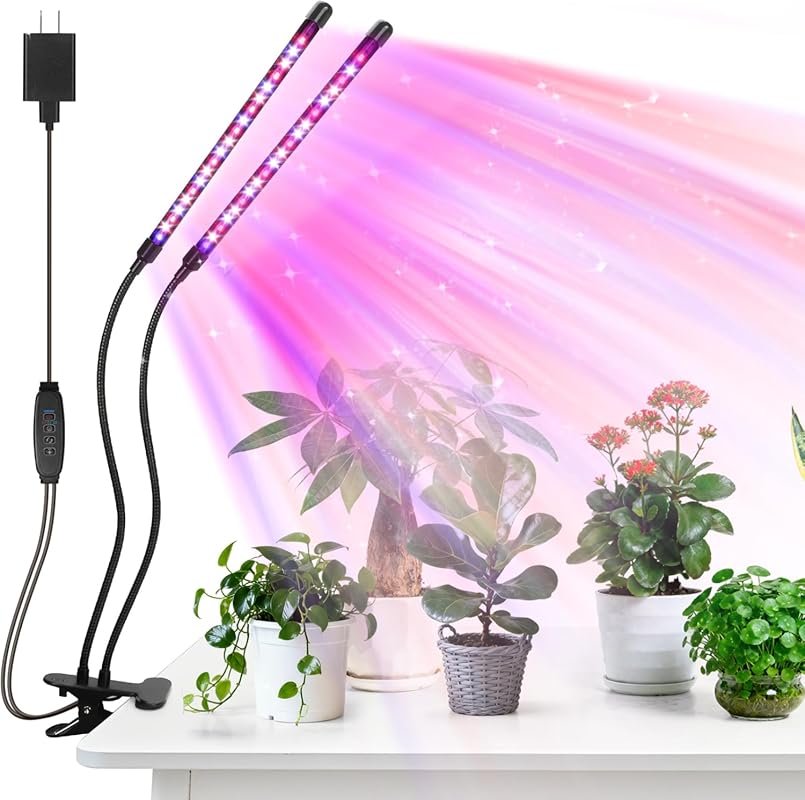 2-Head Red Blue Full Spectrum LED Grow Light with Clamp, Dimming & Tim