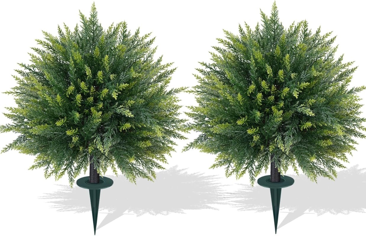 2-Piece Artificial Cedar Topiary Trees with Spike, UV-Resistant Faux C