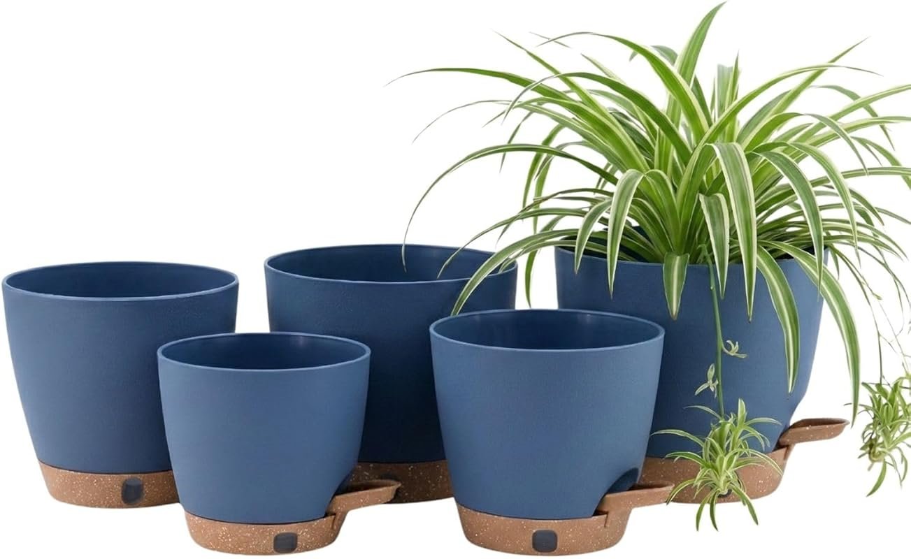 Ocean Blue Self-Watering Plastic Pots with Wick System for Peace Lily