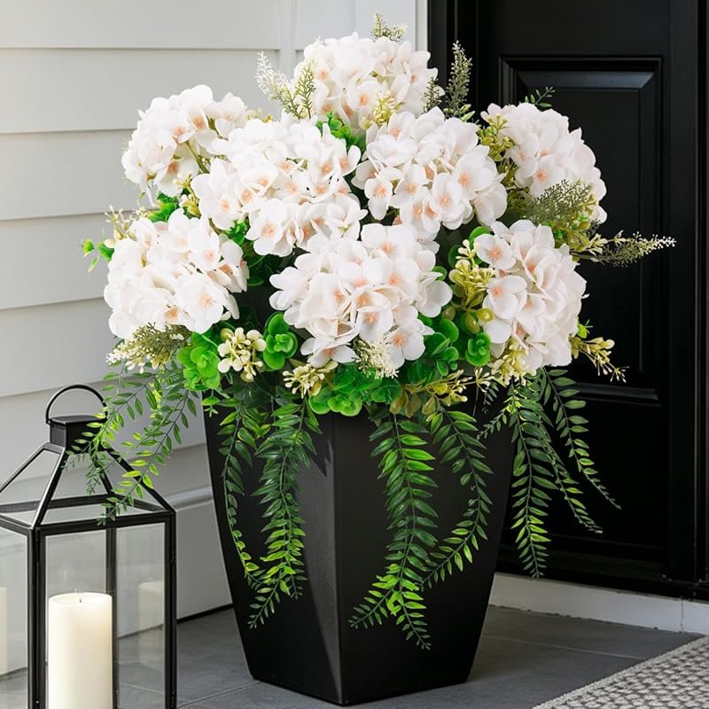 White Silk Artificial Hydrangea with Eucalyptus, UV Resistant Fake Flo