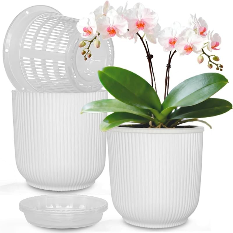 Breathable 2-Layer Orchid Pot with Mesh Basket & Drain Tray, 5.4” Whit
