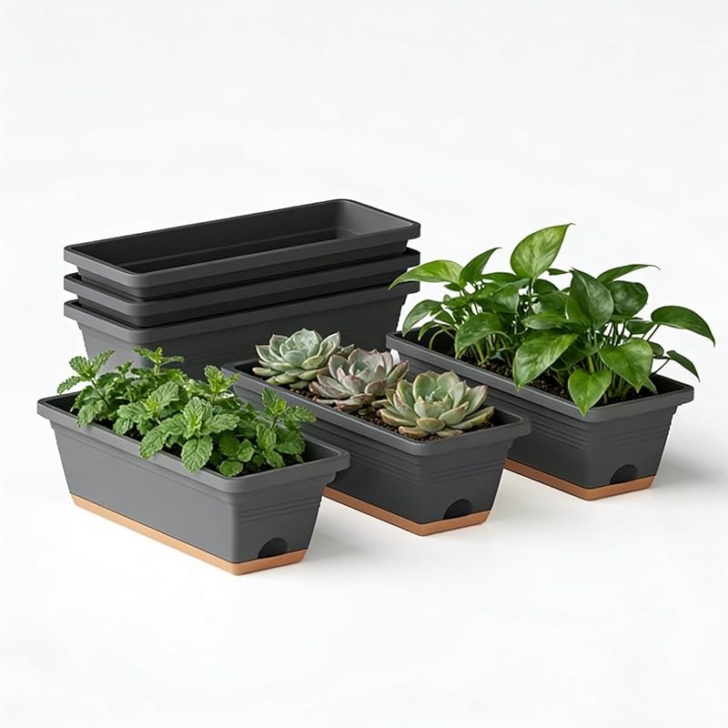 6 Pack 16-Inch Plastic Window Planters with Drainage Holes and Saucers
