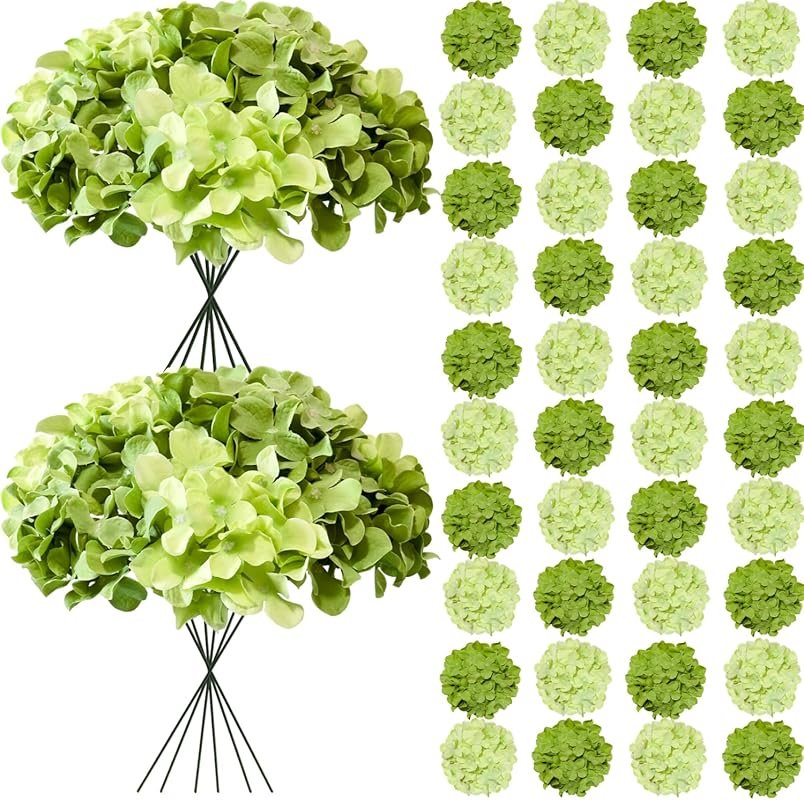 50 Pcs Bulk Faux Green Hydrangea Flowers with Stems, Fake Silk Blooms