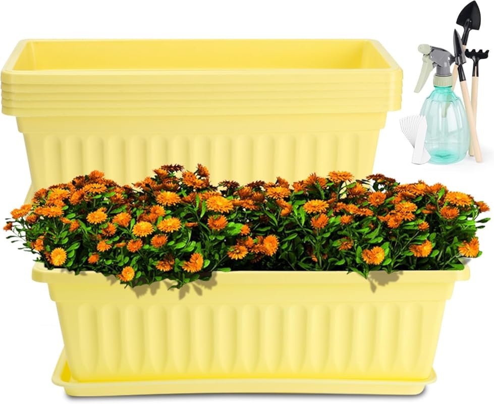 HOXHA 6 Pack 17-Inch Plastic Window Box Planters with Tray, Rectangula
