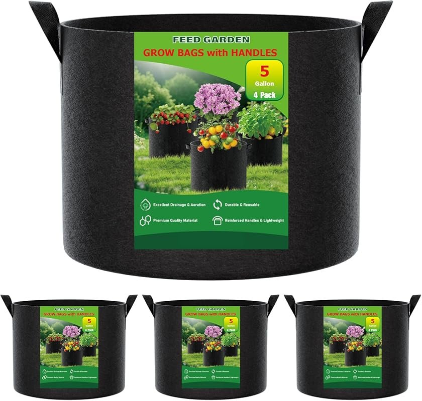 FEED GARDEN 5 Gallon 4 Pack Breathable Grow Bags with Handles for Vege