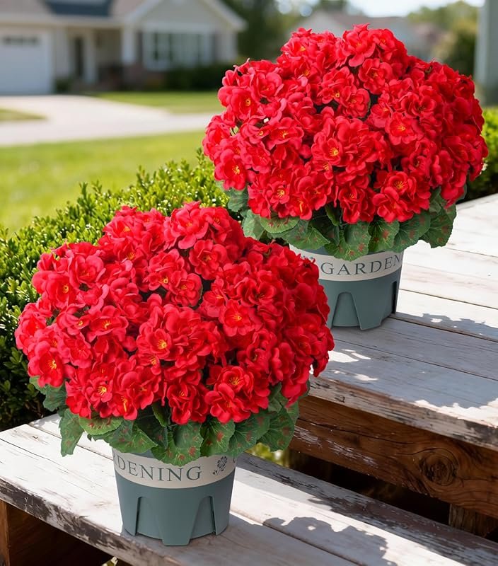 Realistic Red Faux Geraniums Bush for Outdoor Planters, Gardens, and I