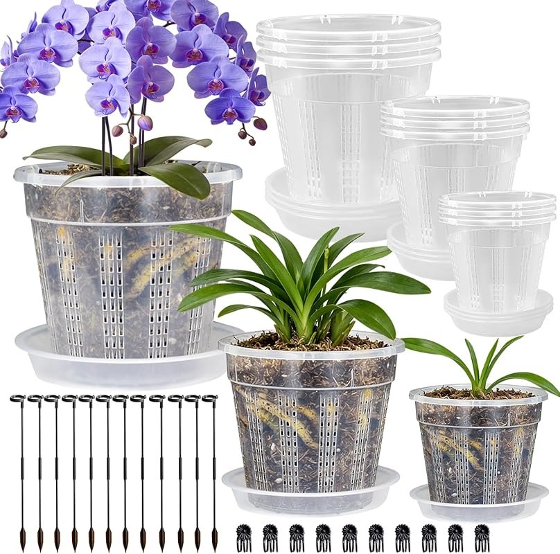 9 Pack Clear Plastic Orchid Pots with Holes & Saucers, Includes 12 Pla