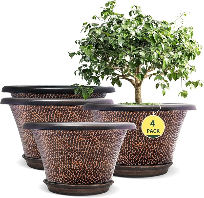 Quarut 12 Inch 4 Pack Large Resin Flower Pots with Drainage for Indoor