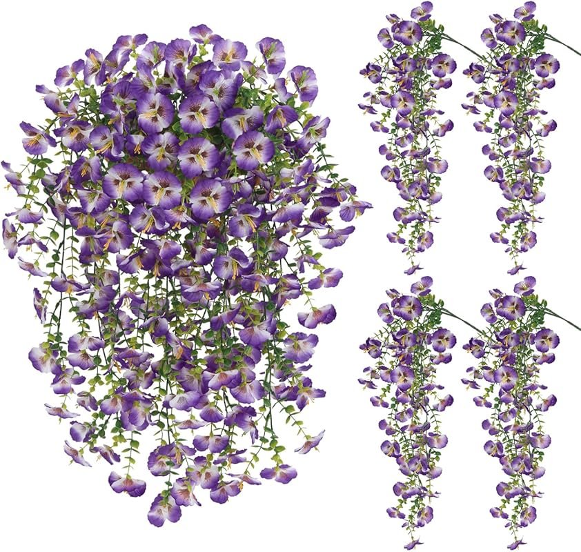 4 PCS UV Resistant Purple Artificial Hanging Flowers, 29.5in Fake Pans