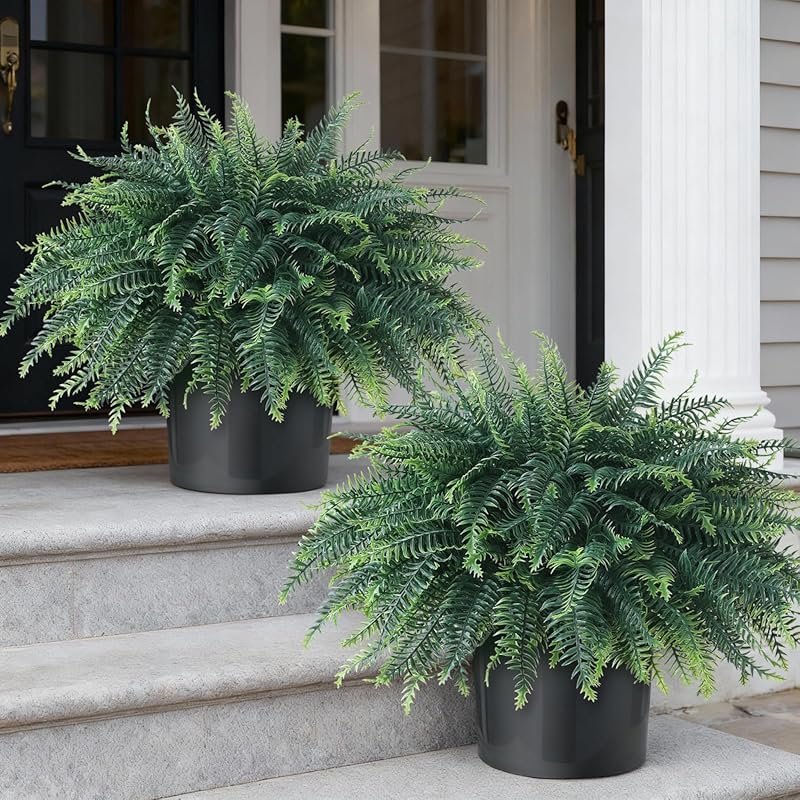 Realistic UV Resistant Faux Ferns in Pots for Front Door, Porch, and F