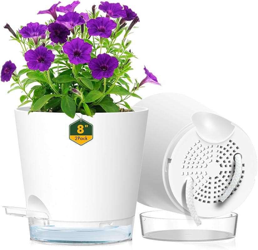 8 Inch Self Watering Planters with Clear Reservoir & Drainage for Indo