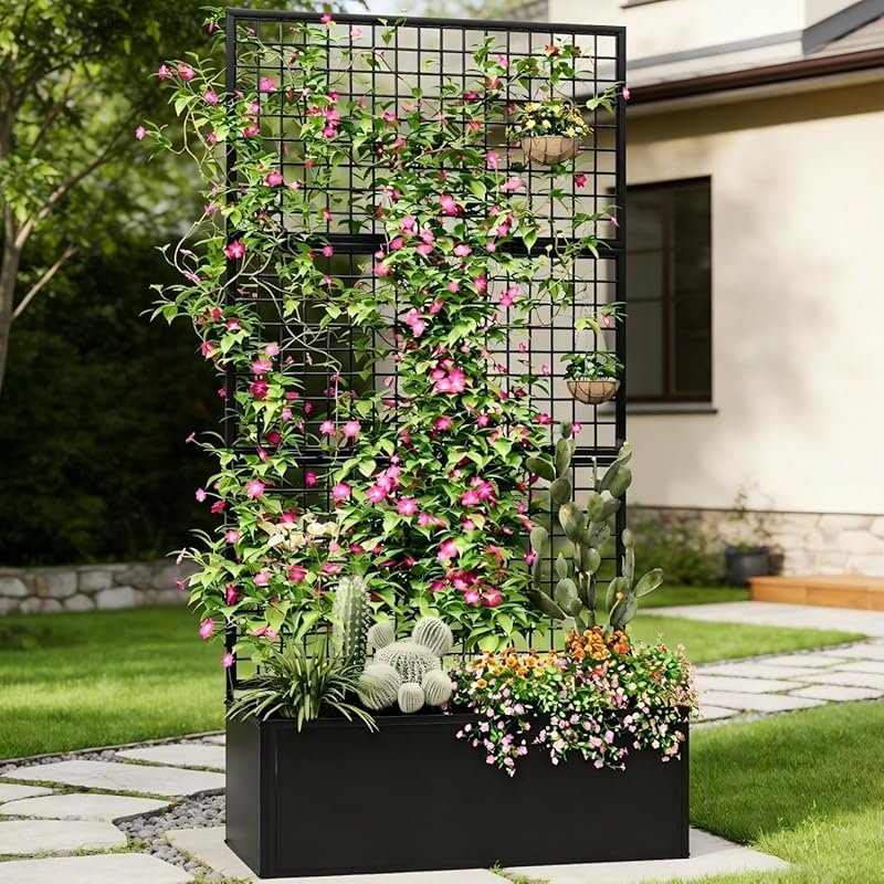 Metal Raised Garden Bed with Trellis and Privacy Screen for Outdoor Ba
