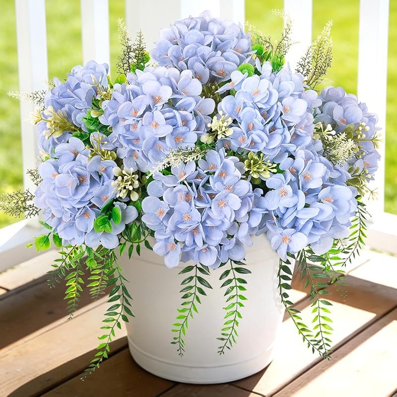 Blue Silk Artificial Hydrangea with Eucalyptus, UV Resistant Fake Flow