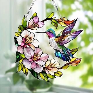 Colorful Acrylic Hummingbird & Flower Suncatcher